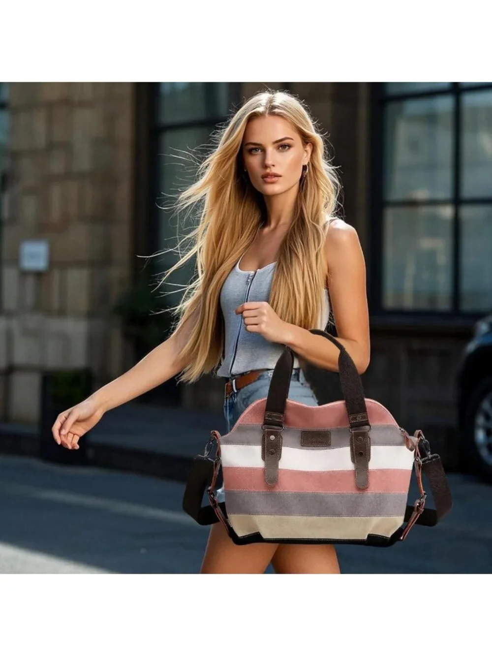 Multicolor Striped Canvas Messenger Bag, Stylish Crossbody Purse with Pockets